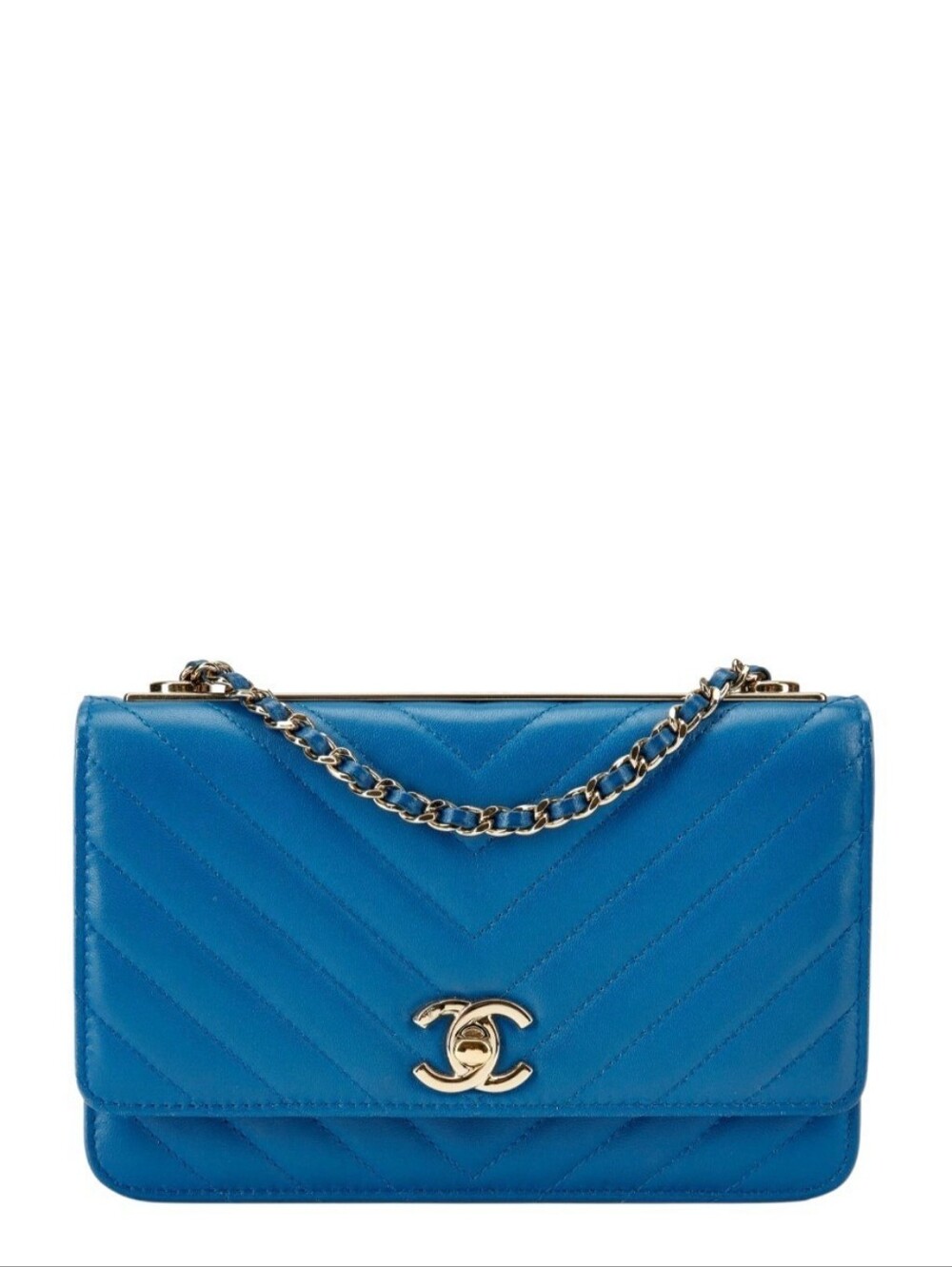 Like NEW!!! RARE! Chanel Blue Chevron Trendy CC WOC Flap Bag GHW W/Receipt & COA